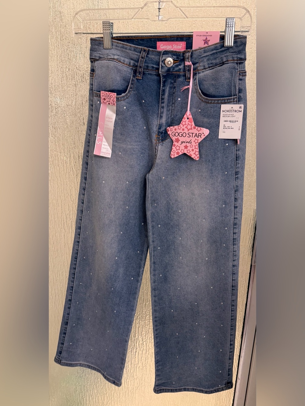 NWT Gogo Star Girls Rhinestone Wide Leg Jeans Blue Size 14 $24